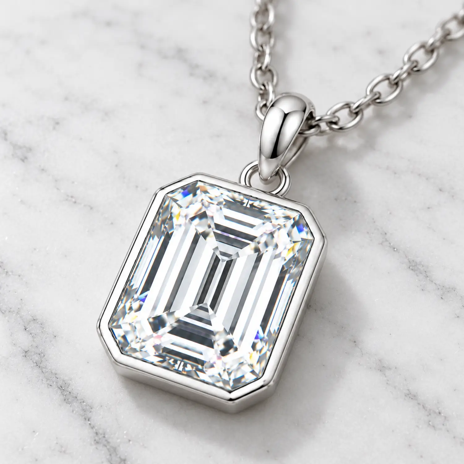 MARDAZA Classic Bezel Emerald Cut Moissanite Necklace