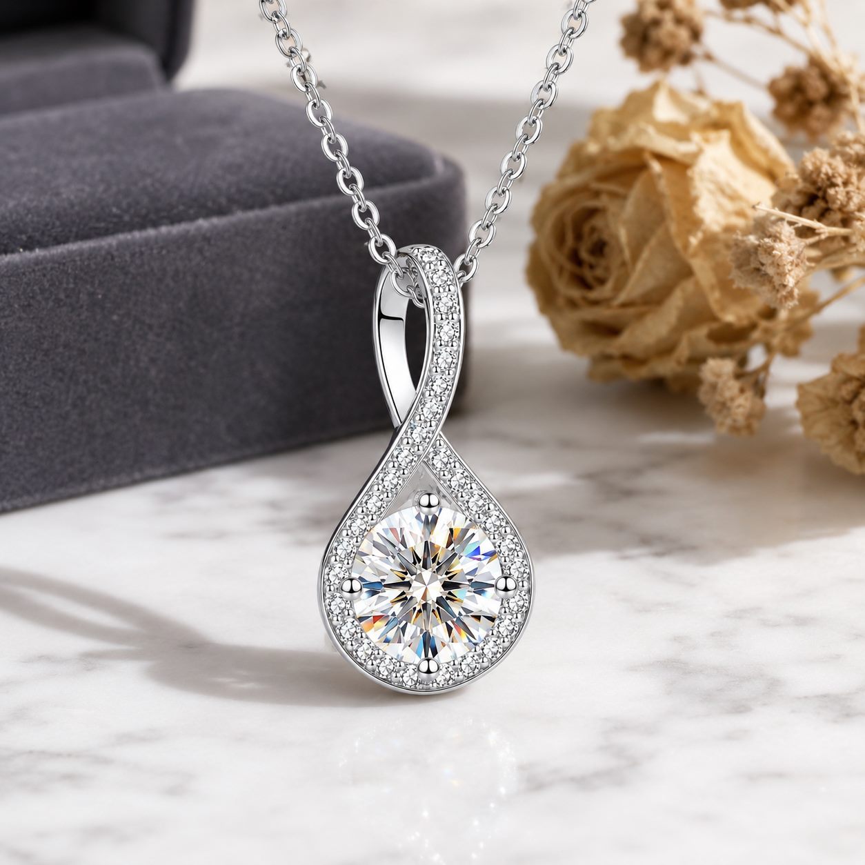 MARDAZA Love Knot Round Cut Moissanite Sterling Silver Necklace