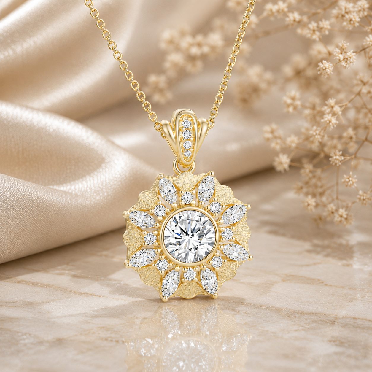 MARDAZA Satin Sunburst Round Cut Moissanite Sterling Silver Necklace