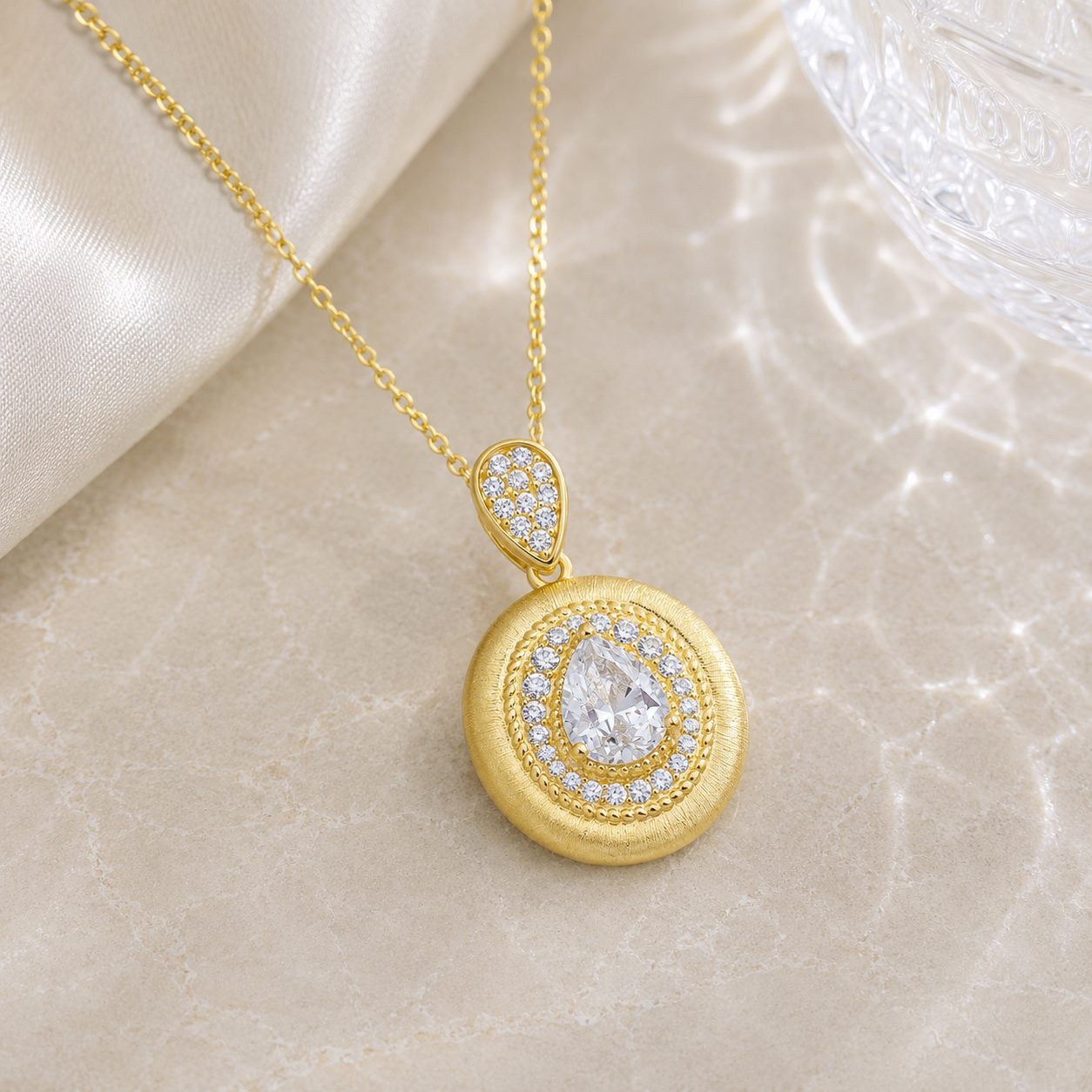 MARDAZA Brushed Medallion Pear Cut Moissanite Silver Necklace