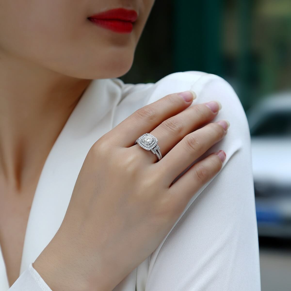 MARDAZA Double Halo Round Cut Sterling Silver Moissanite Ring