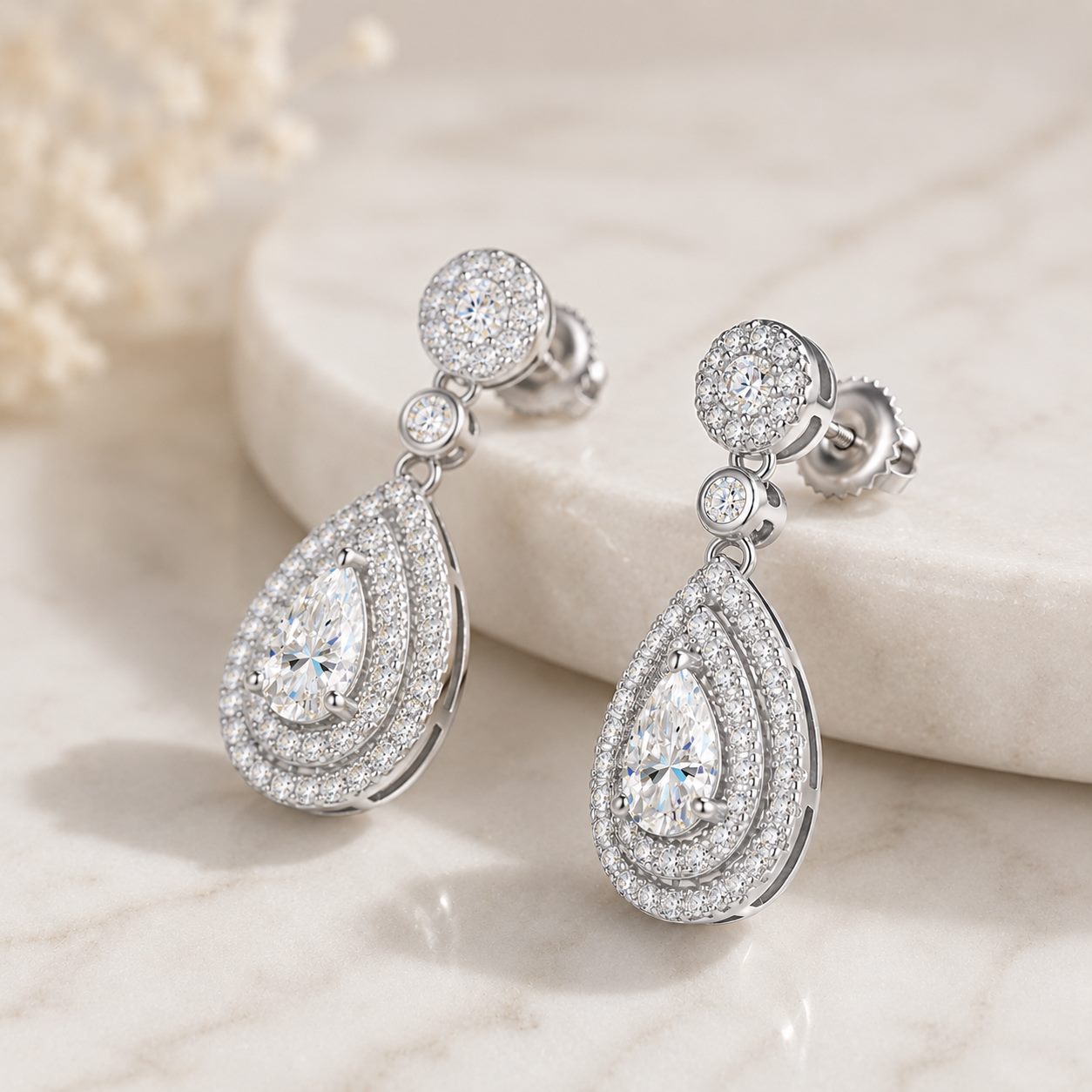 MARDAZA Double Halo Pear Cut Moissanite Sterling Silver Drop Earrings