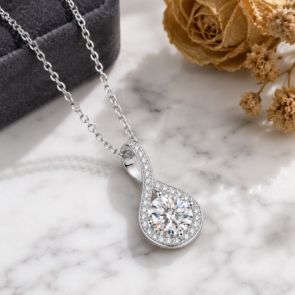 MARDAZA Love Knot Round Cut Moissanite Sterling Silver Necklace
