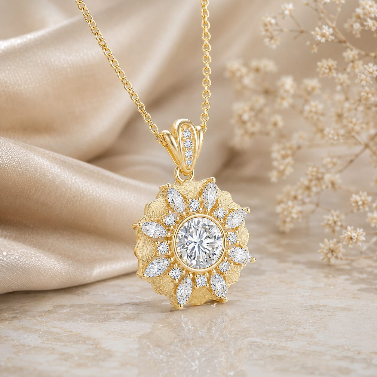 MARDAZA Satin Sunburst Round Cut Moissanite Sterling Silver Necklace