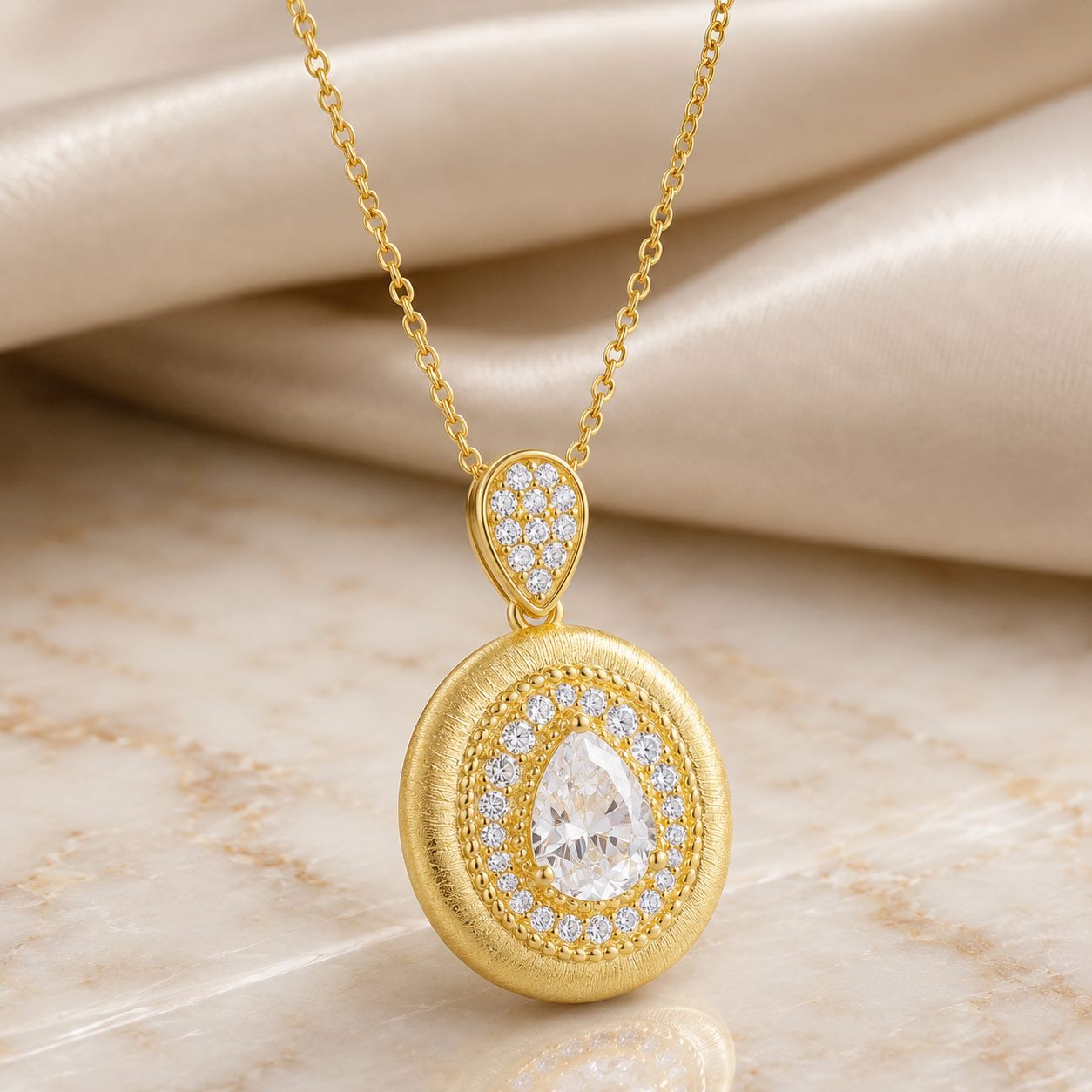 MARDAZA Brushed Medallion Pear Cut Moissanite Silver Necklace