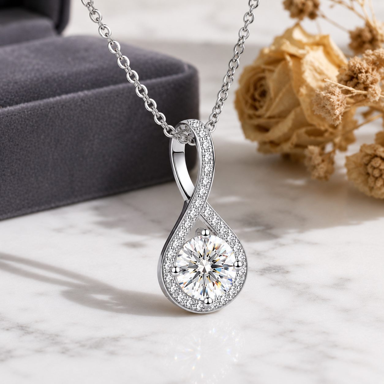 MARDAZA Love Knot Round Cut Moissanite Sterling Silver Necklace