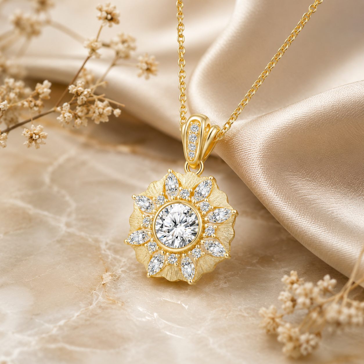 MARDAZA Satin Sunburst Round Cut Moissanite Sterling Silver Necklace