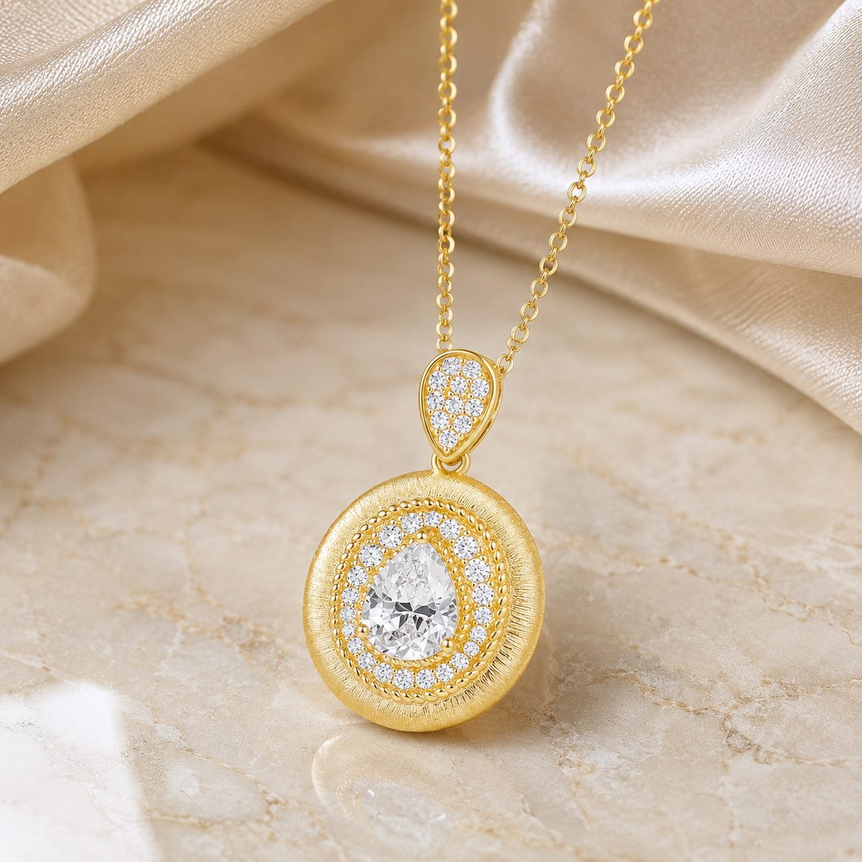 MARDAZA Brushed Medallion Pear Cut Moissanite Silver Necklace