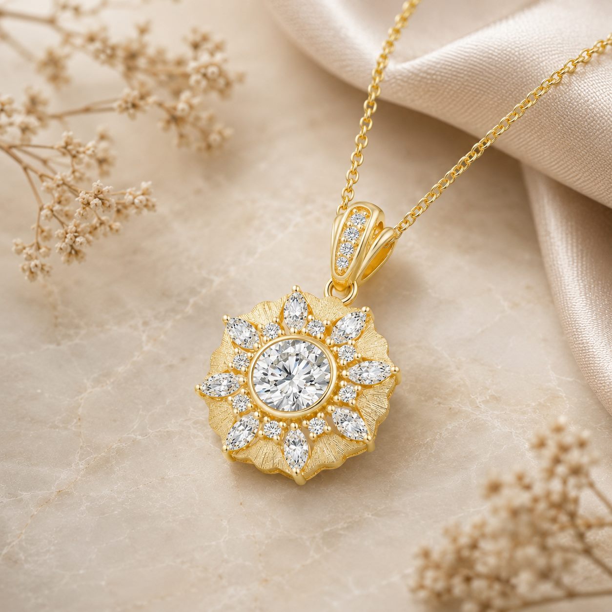MARDAZA Satin Sunburst Round Cut Moissanite Sterling Silver Necklace