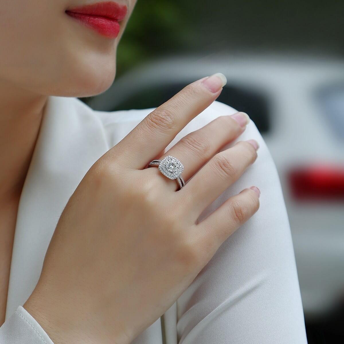 MARDAZA Double Halo Cushion Round Cut Sterling Silver Moissanite Ring