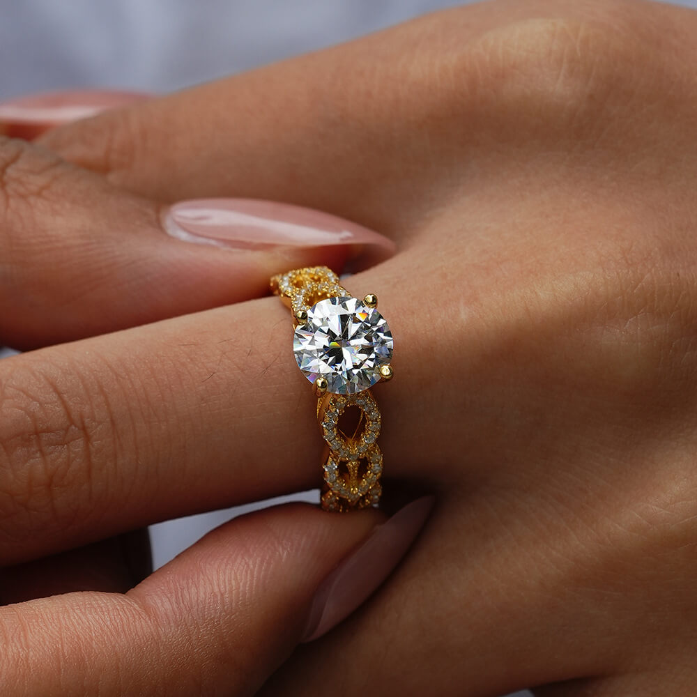 MARDAZA Infinity Twist Round Cut Golden Sterling Silver Moissanite Ring