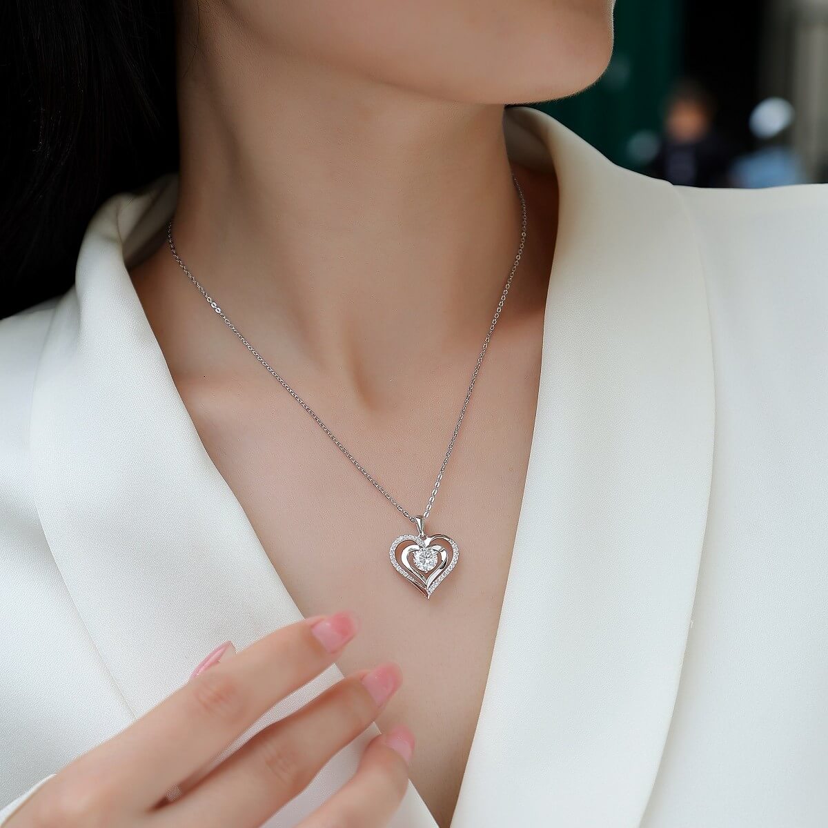 MARDAZA Radiant Double Heart Round Cut Sterling Silver Moissanite Necklace