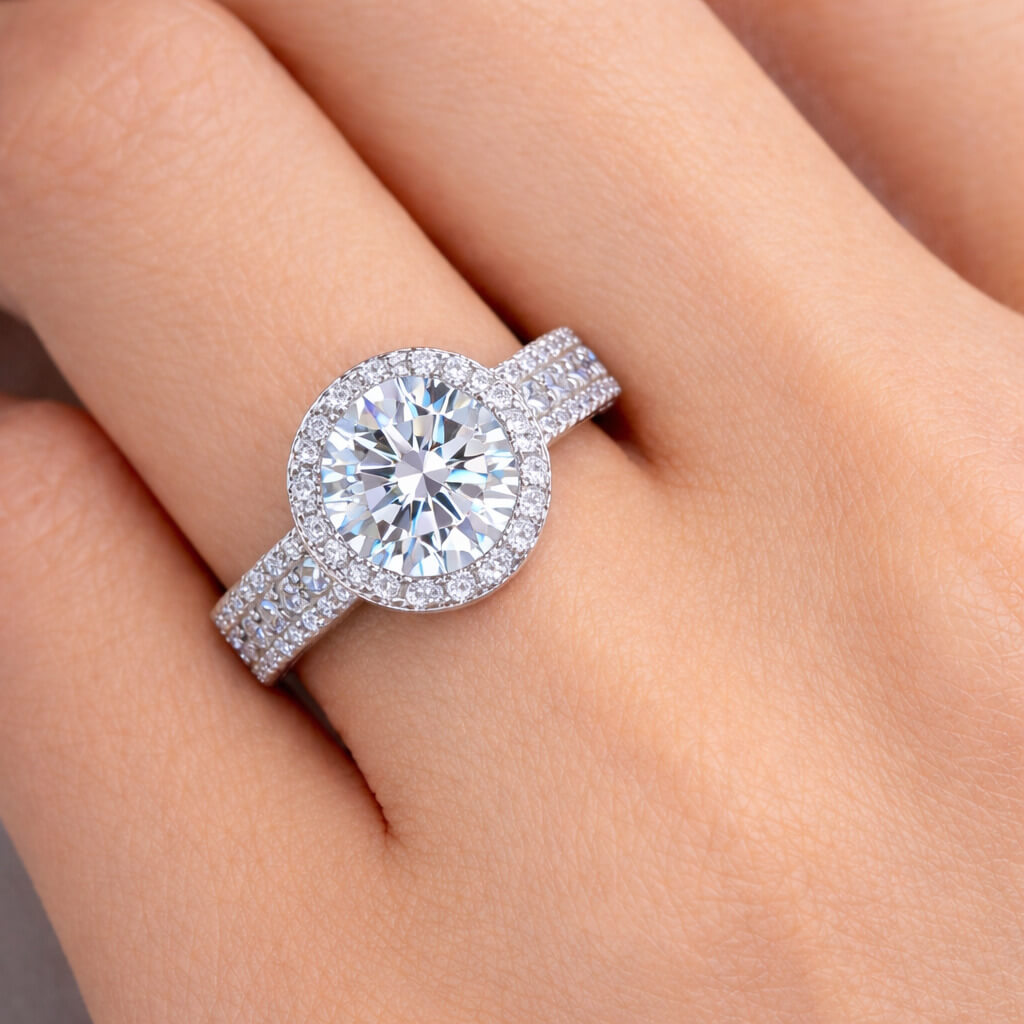 MARDAZA Classic Halo Round Cut Sterling Silver Moissanite Ring