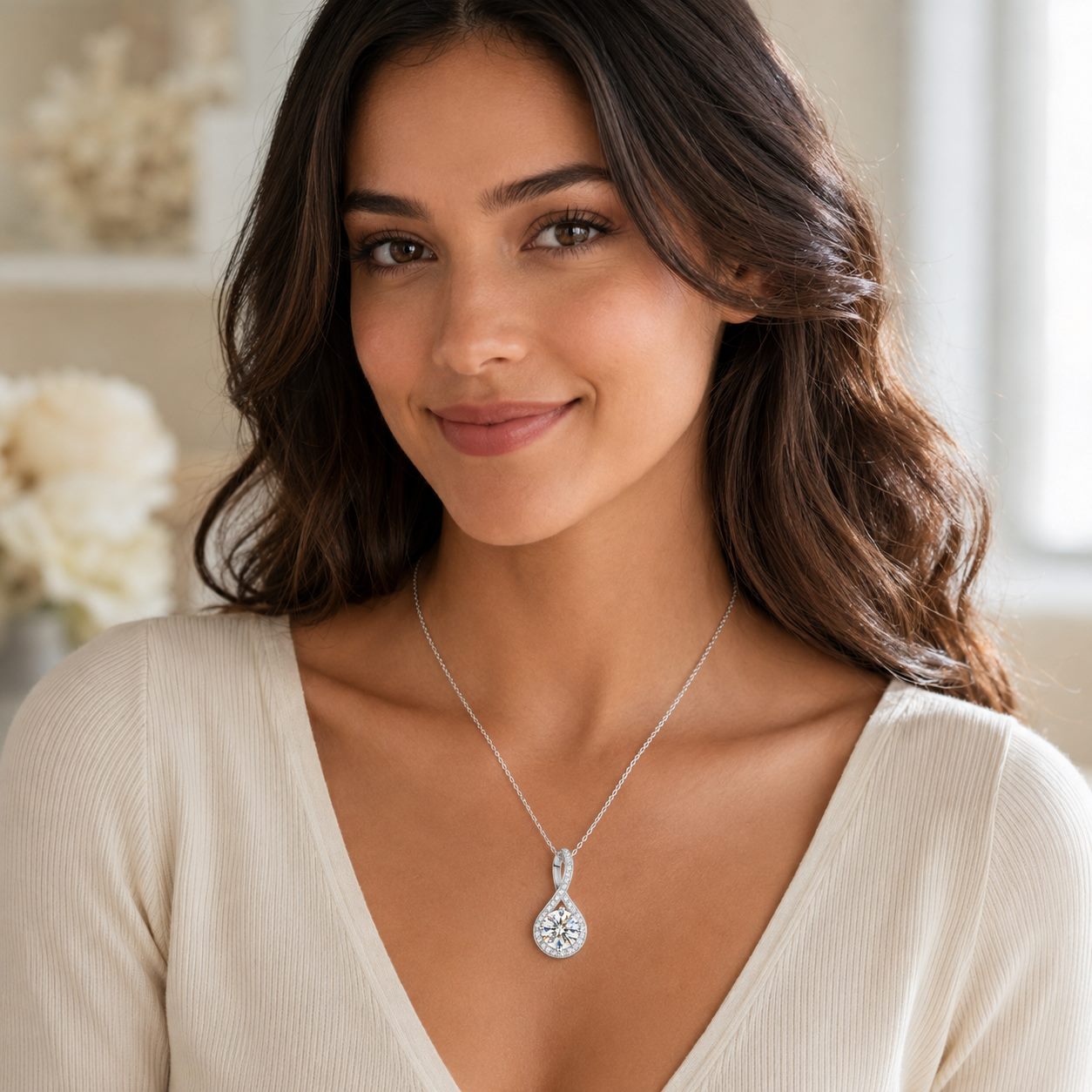 MARDAZA Love Knot Round Cut Moissanite Sterling Silver Necklace