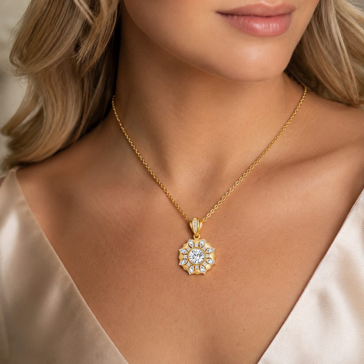 MARDAZA Satin Sunburst Round Cut Moissanite Sterling Silver Necklace