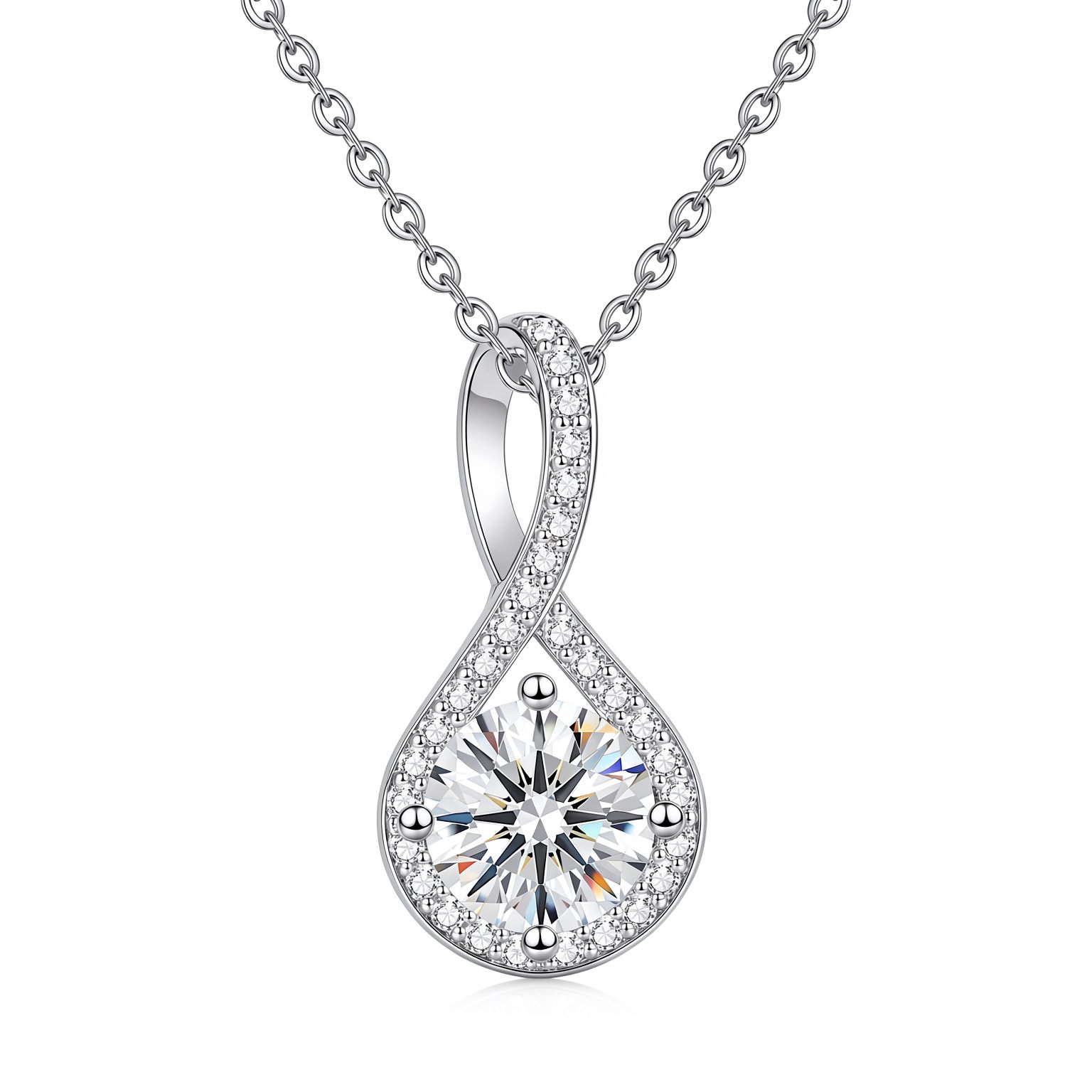 MARDAZA Love Knot Round Cut Moissanite Sterling Silver Necklace