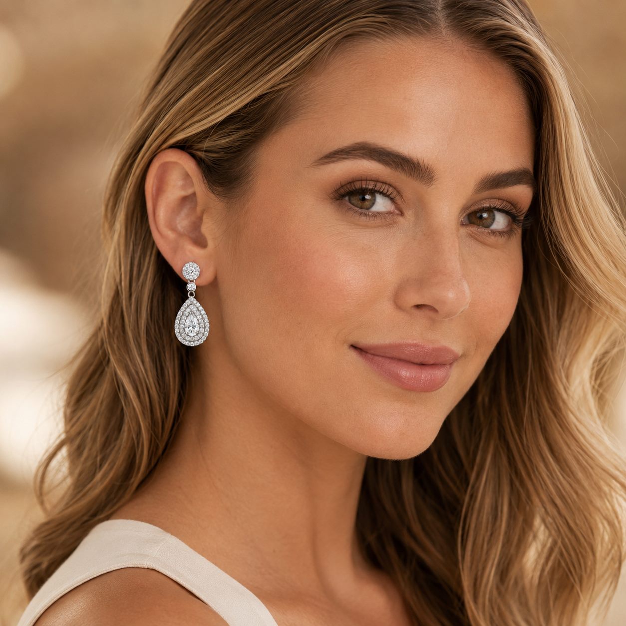 MARDAZA Double Halo Pear Cut Moissanite Sterling Silver Drop Earrings