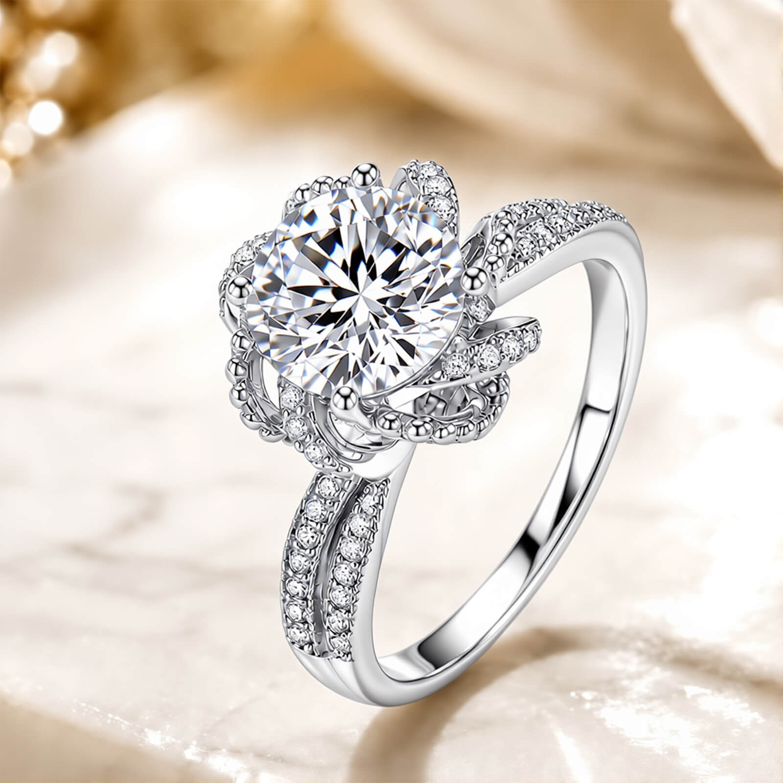 MARDAZA Blooming Rose Round Cut Sterling Silver Moissanite Ring