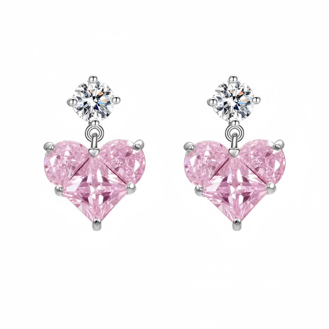 925 Pink Sweet Heart Moissanite Earrings-MARDAZA