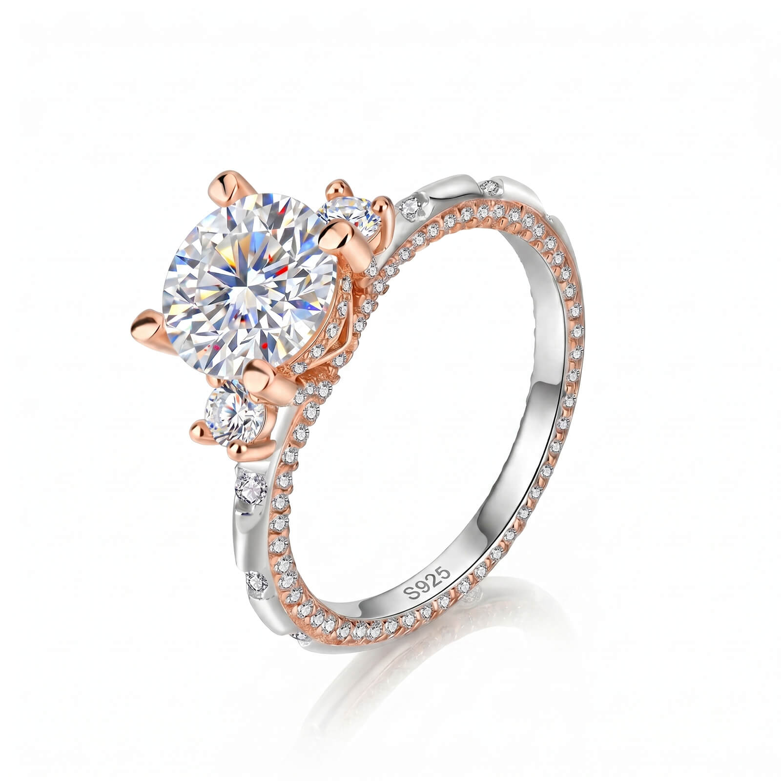 MARDAZA Two-Tone Three-Stone Round Cut Sterling Silver Moissanite Ring