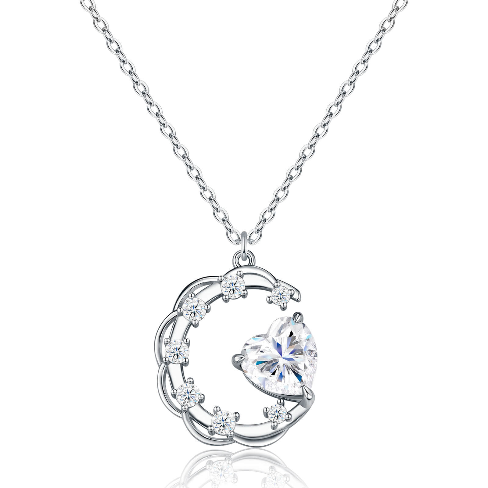 MARDAZA Crescent Moon & Heart Cut Sterling Silver Moissanite Necklace