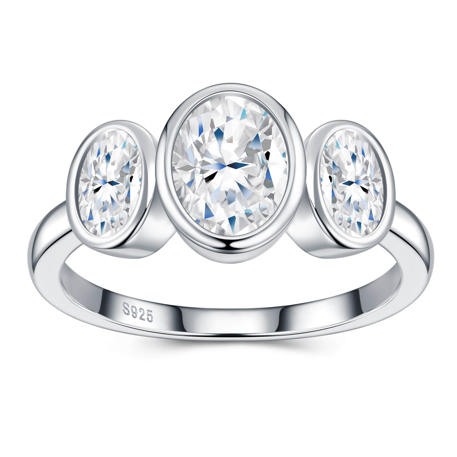 MARDAZA Bezel Set Three-Stone Oval Cut Moissanite Sterling Silver Ring