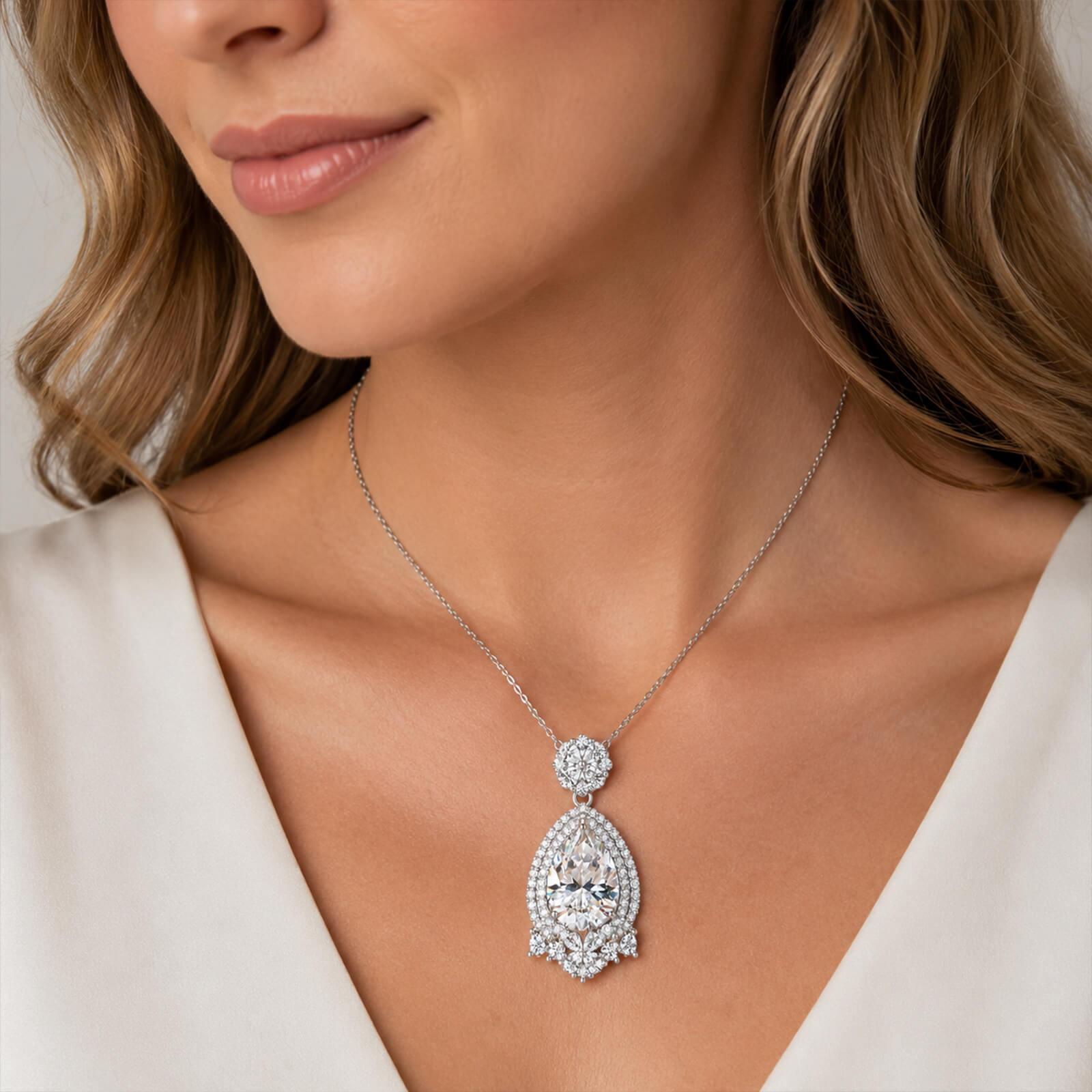 MARDAZA Celeste Bloom Pear Cut Moissanite Double Halo Sterling Silver Necklace