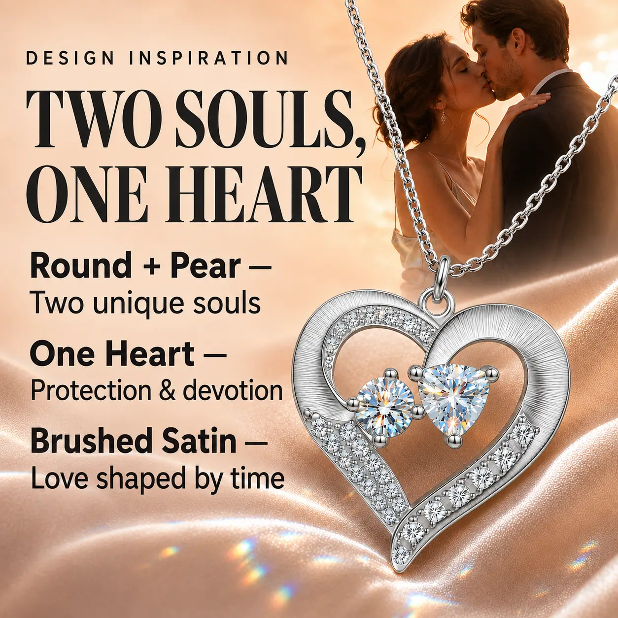 MARDAZA Brushed Heart Duet Moissanite Sterling Silver Necklace