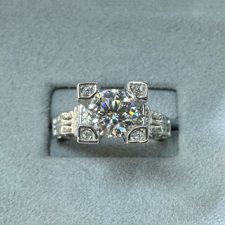 MARDAZA Geometric Crown Round Cut Sterling Silver Moissanite Ring