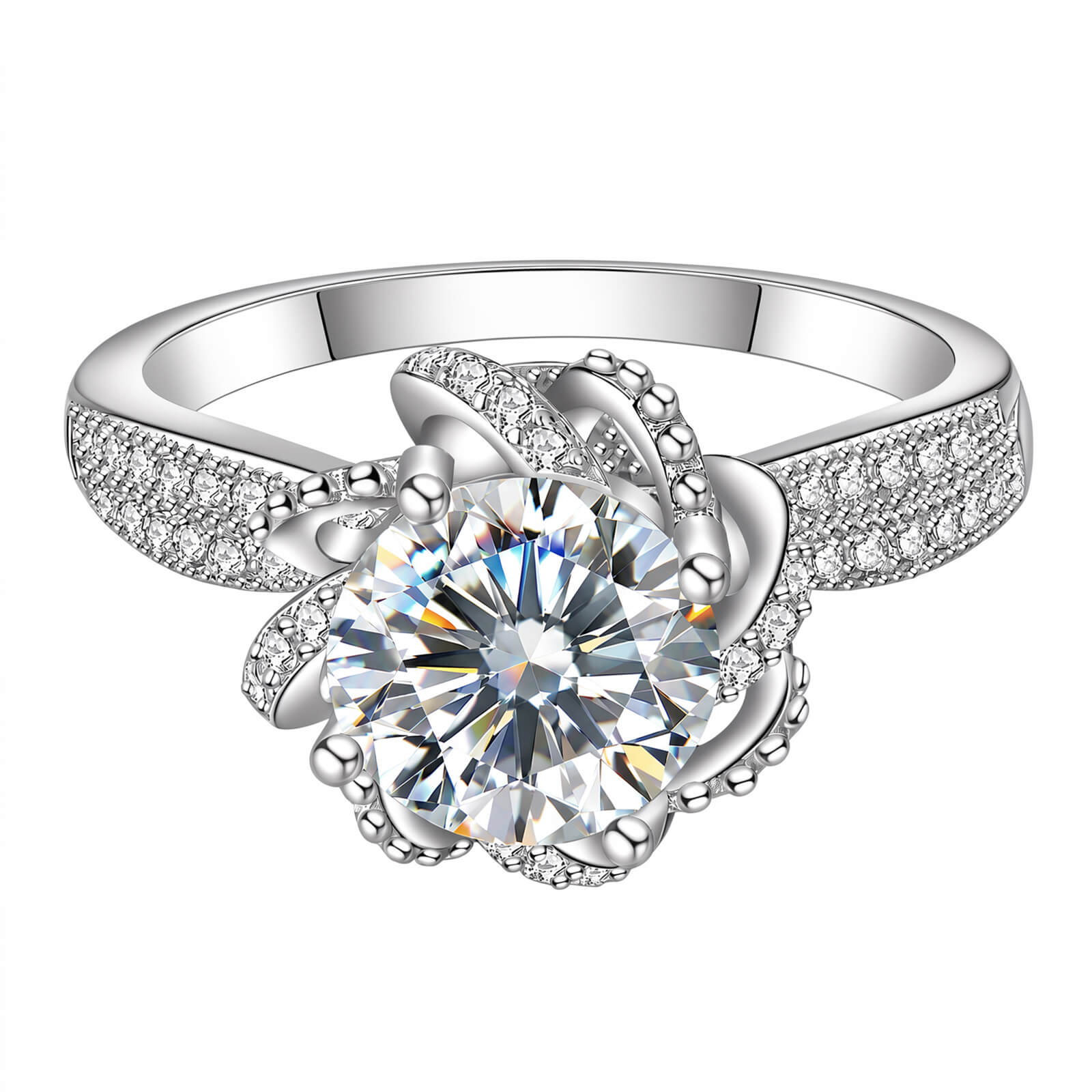 MARDAZA Blooming Rose Round Cut Sterling Silver Moissanite Ring