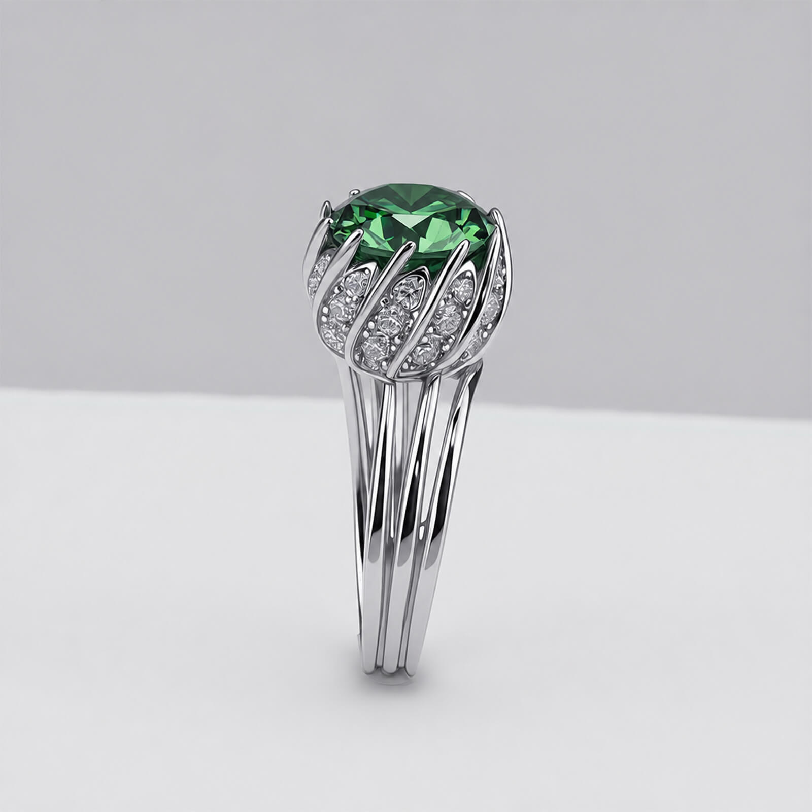 MARDAZA Split Shank Lotus Round Cut Moissanite Sterling Silver Ring