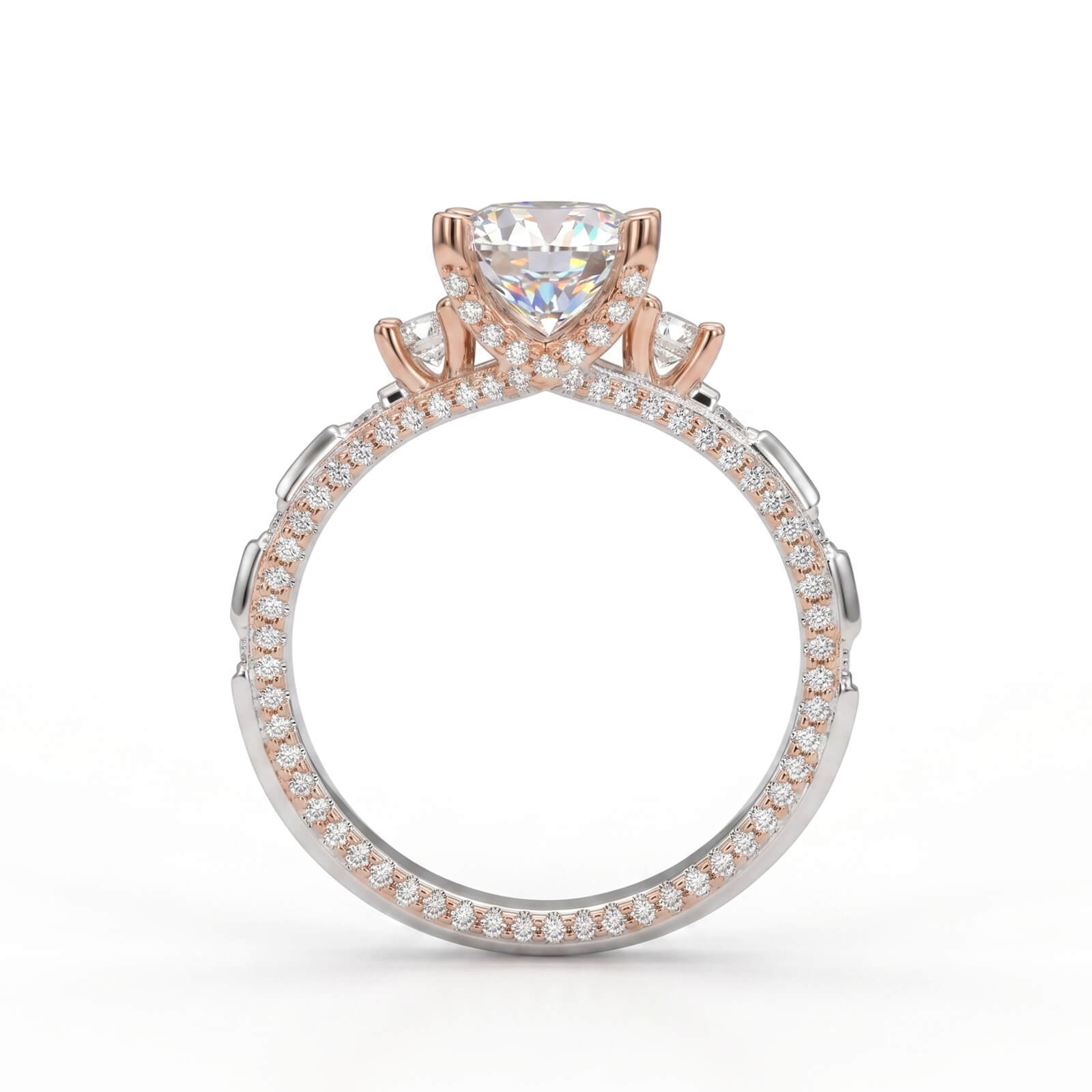 MARDAZA Two-Tone Three-Stone Round Cut Sterling Silver Moissanite Ring