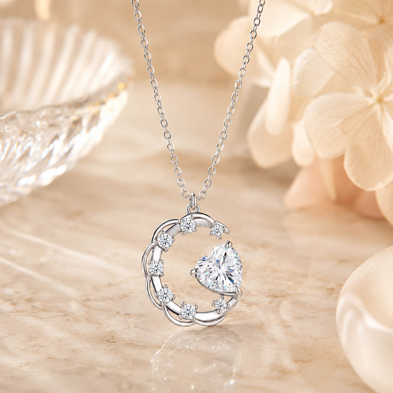 MARDAZA Crescent Moon & Heart Cut Sterling Silver Moissanite Necklace