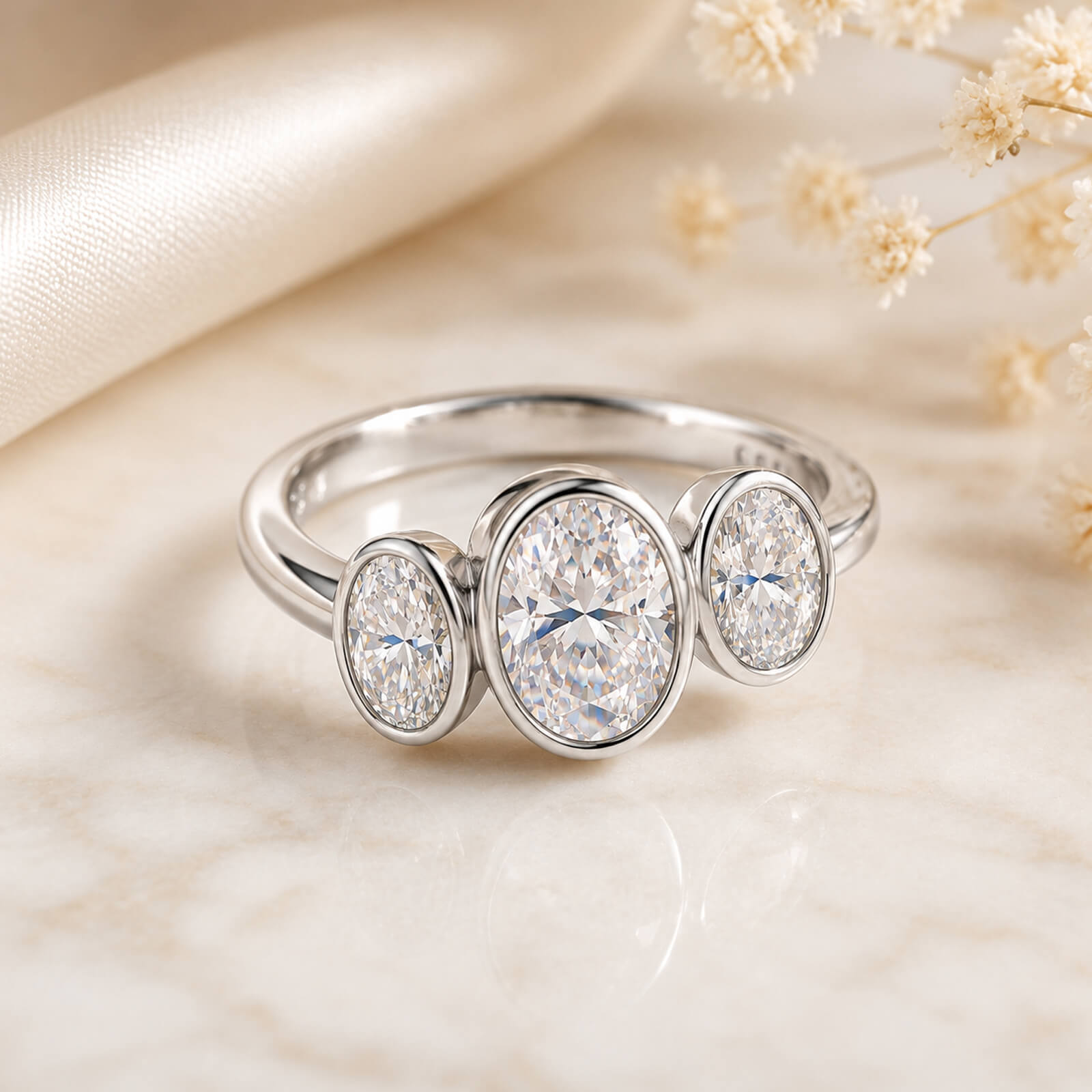 MARDAZA Bezel Set Three-Stone Oval Cut Moissanite Sterling Silver Ring