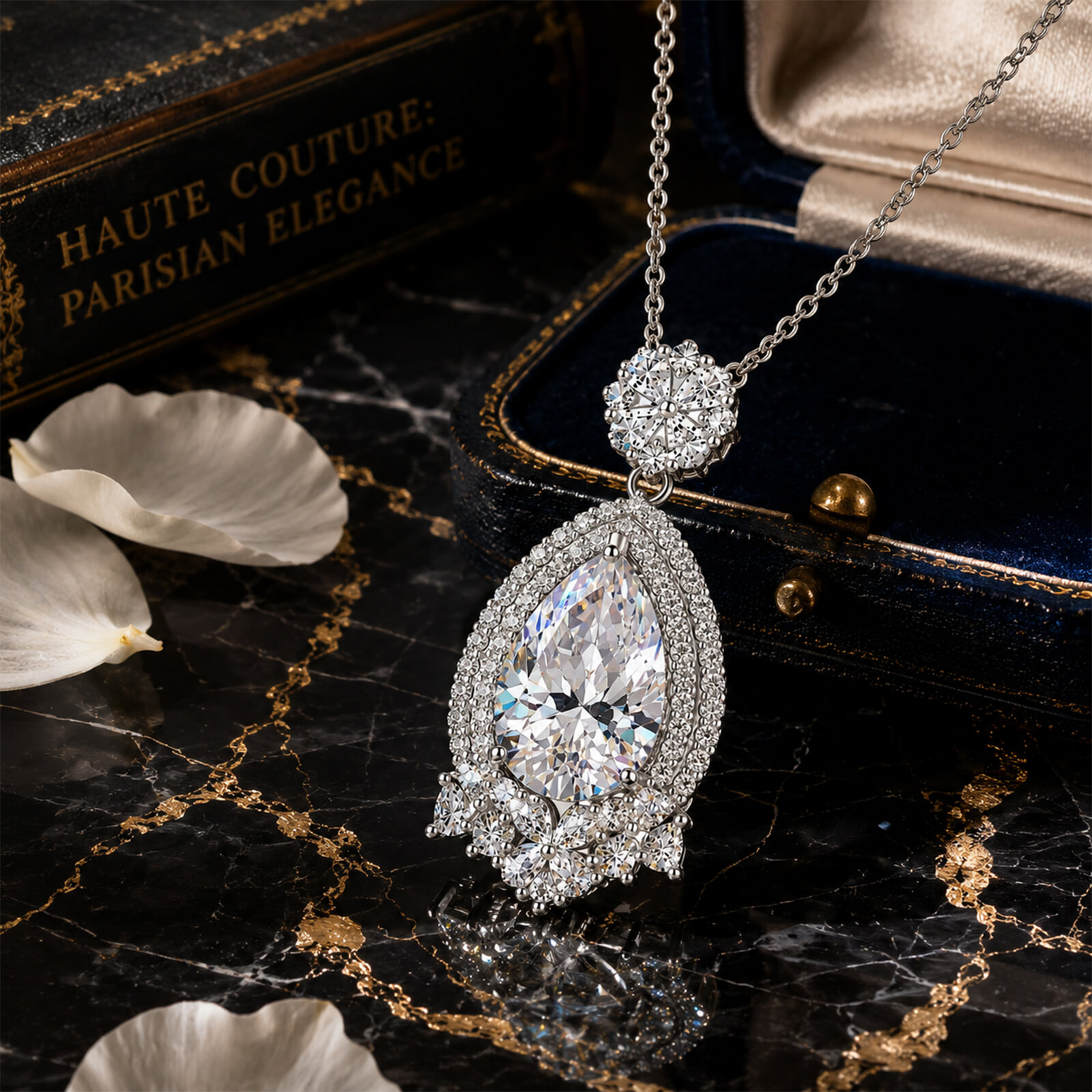MARDAZA Celeste Bloom Pear Cut Moissanite Double Halo Sterling Silver Necklace