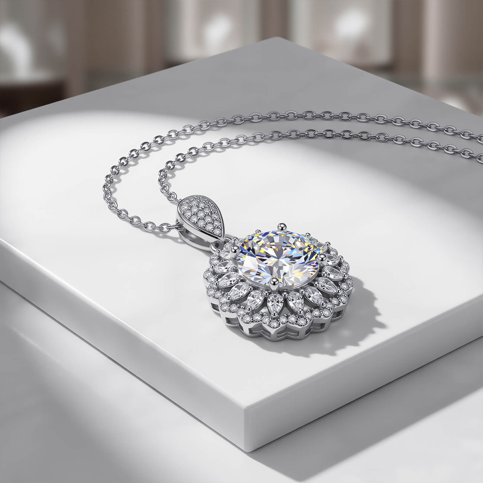 MARDAZA Radiant Sunburst Round Cut Sterling Silver Moissanite Necklace