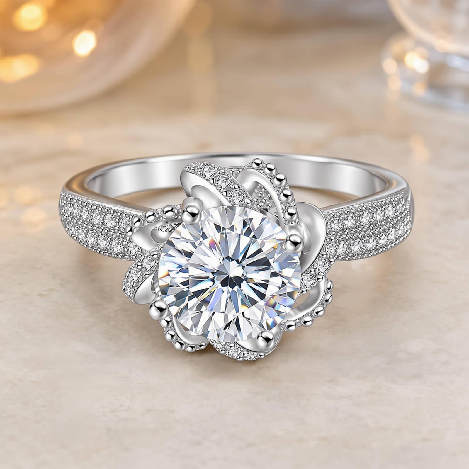 MARDAZA Blooming Rose Round Cut Sterling Silver Moissanite Ring