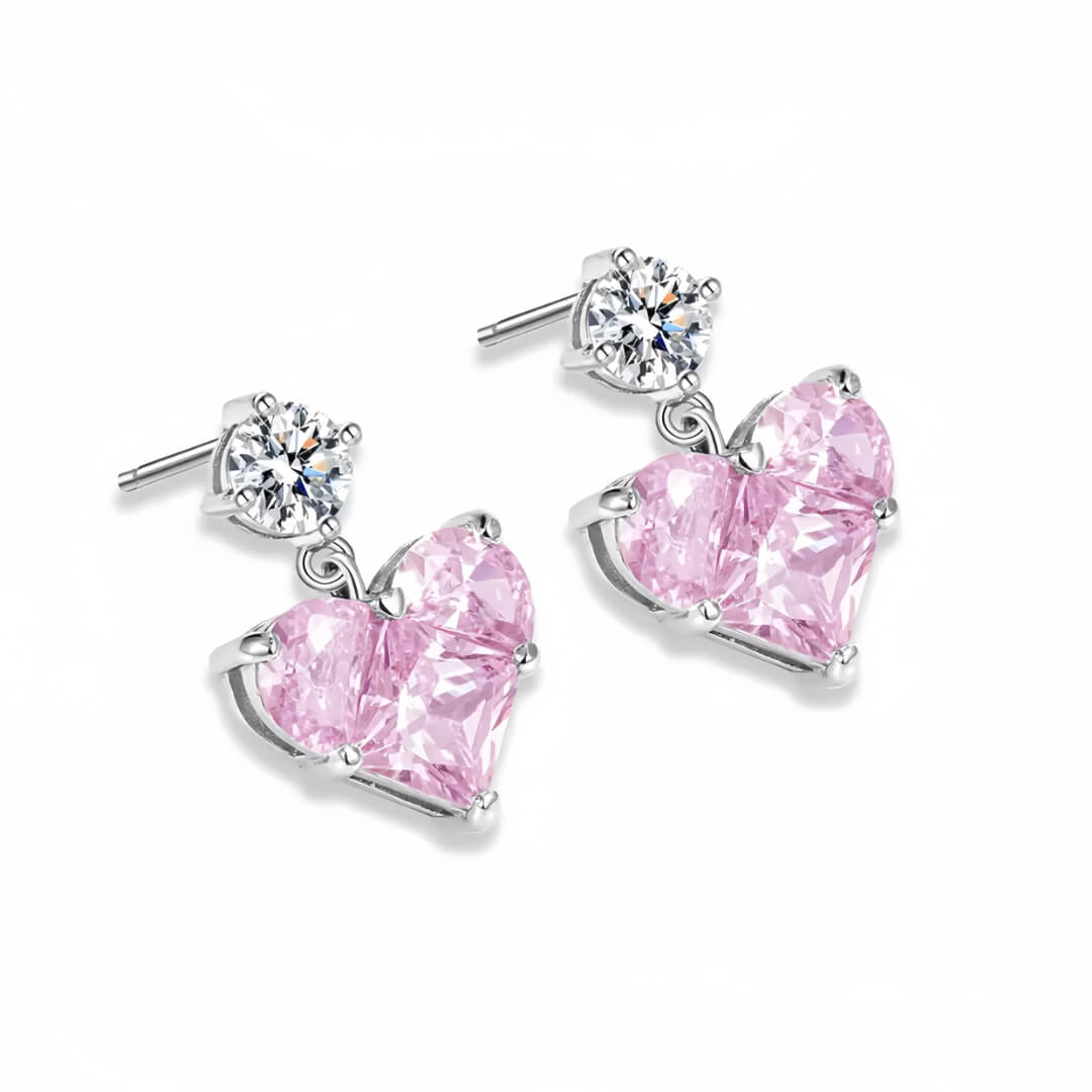 925 Pink Sweet Heart Moissanite Earrings-MARDAZA