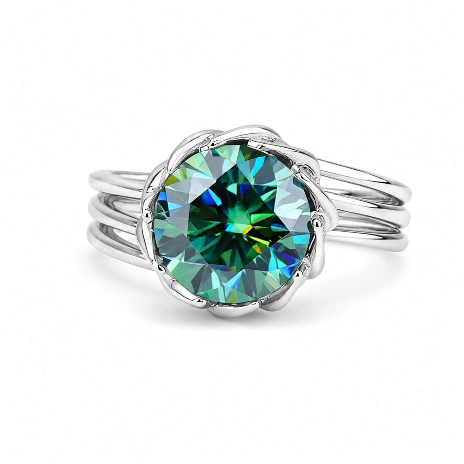 MARDAZA Split Shank Lotus Round Cut Moissanite Sterling Silver Ring