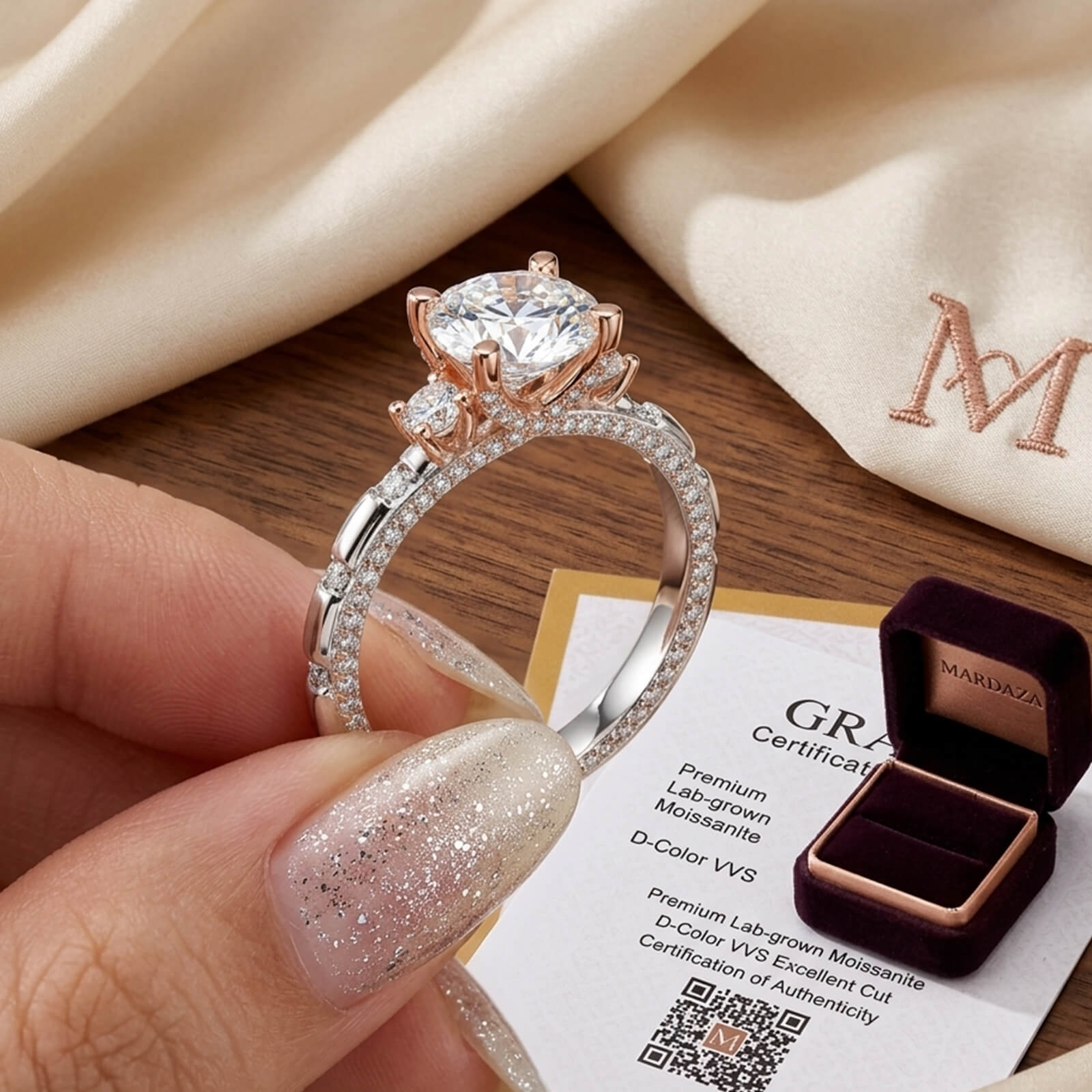 MARDAZA Two-Tone Three-Stone Round Cut Sterling Silver Moissanite Ring