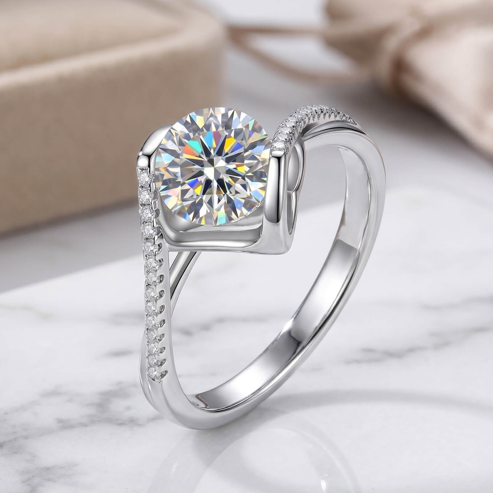 MARDAZA Sweetheart Round Cut Sterling Silver Moissanite Ring