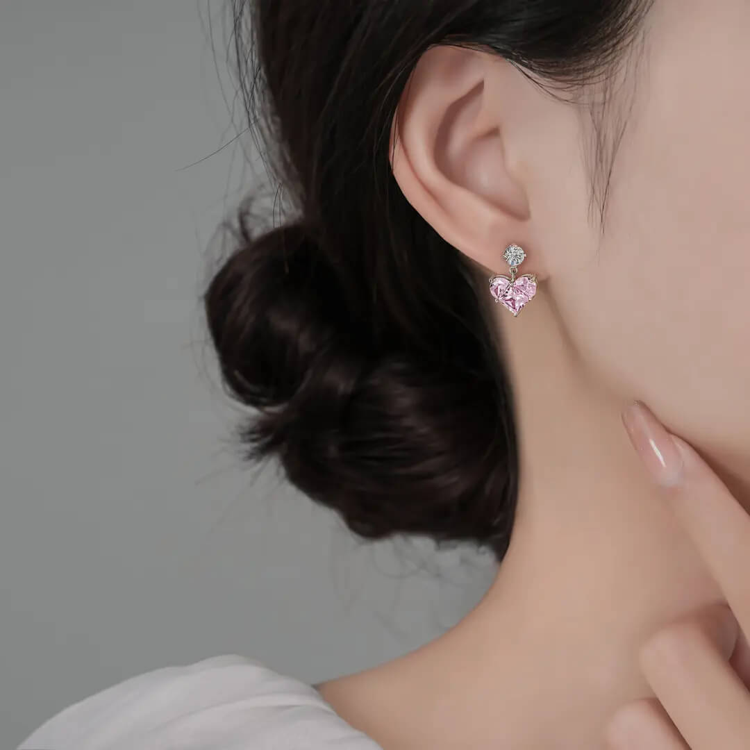 925 Pink Sweet Heart Moissanite Earrings-MARDAZA