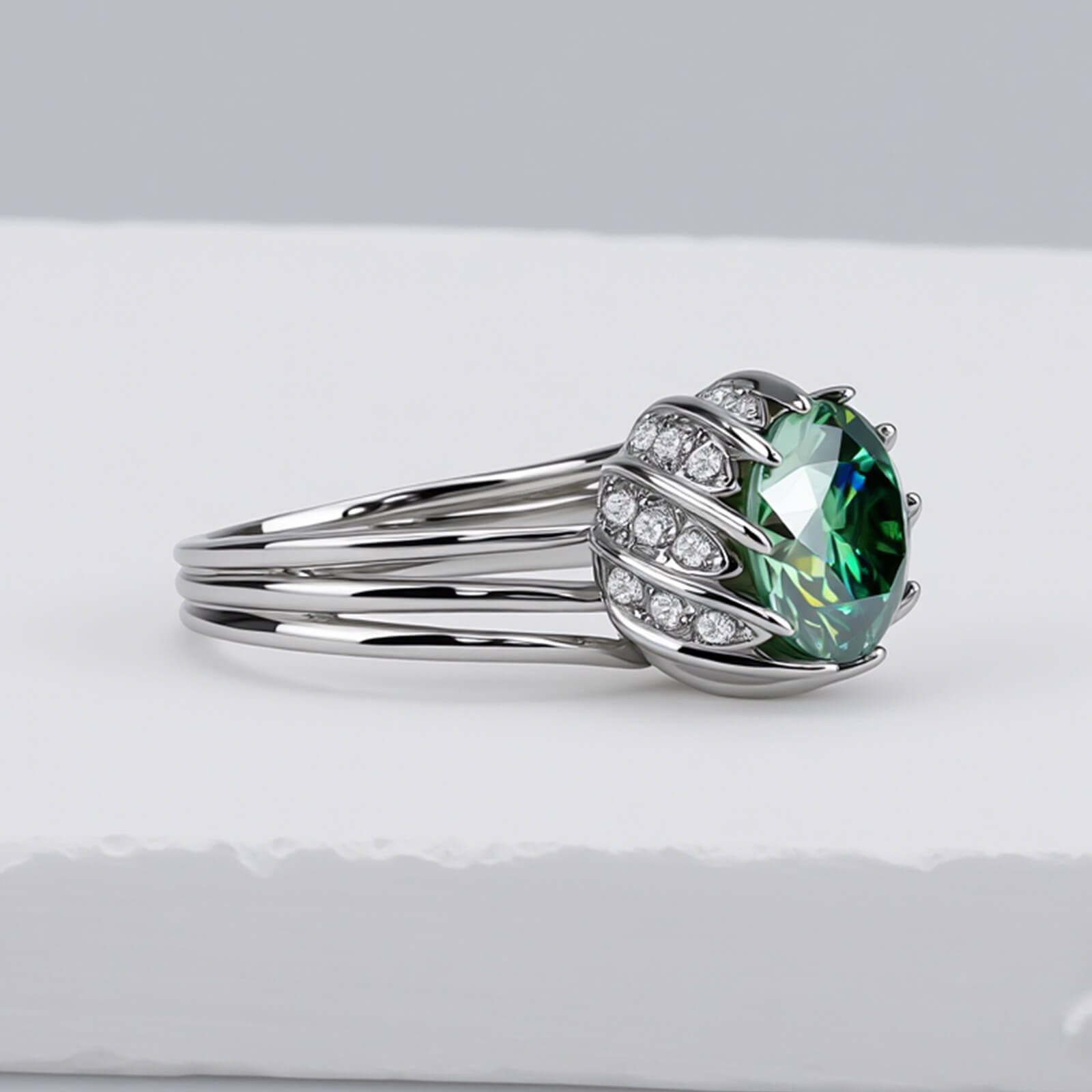 MARDAZA Split Shank Lotus Round Cut Moissanite Sterling Silver Ring