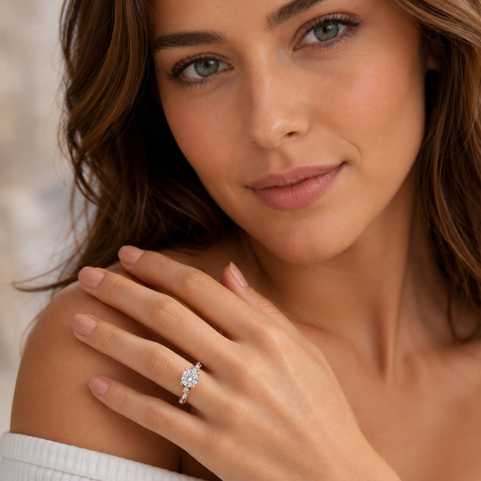 MARDAZA Two-Tone Three-Stone Round Cut Sterling Silver Moissanite Ring