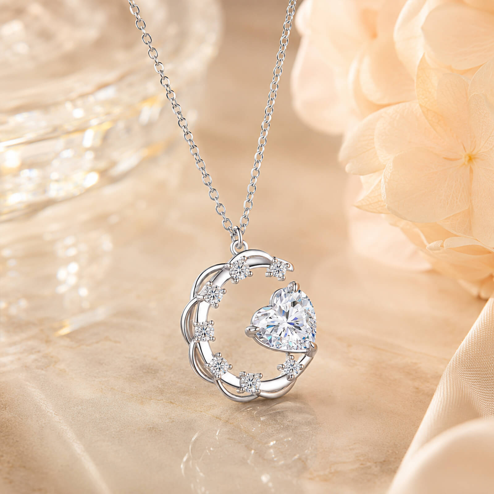 MARDAZA Crescent Moon & Heart Cut Sterling Silver Moissanite Necklace