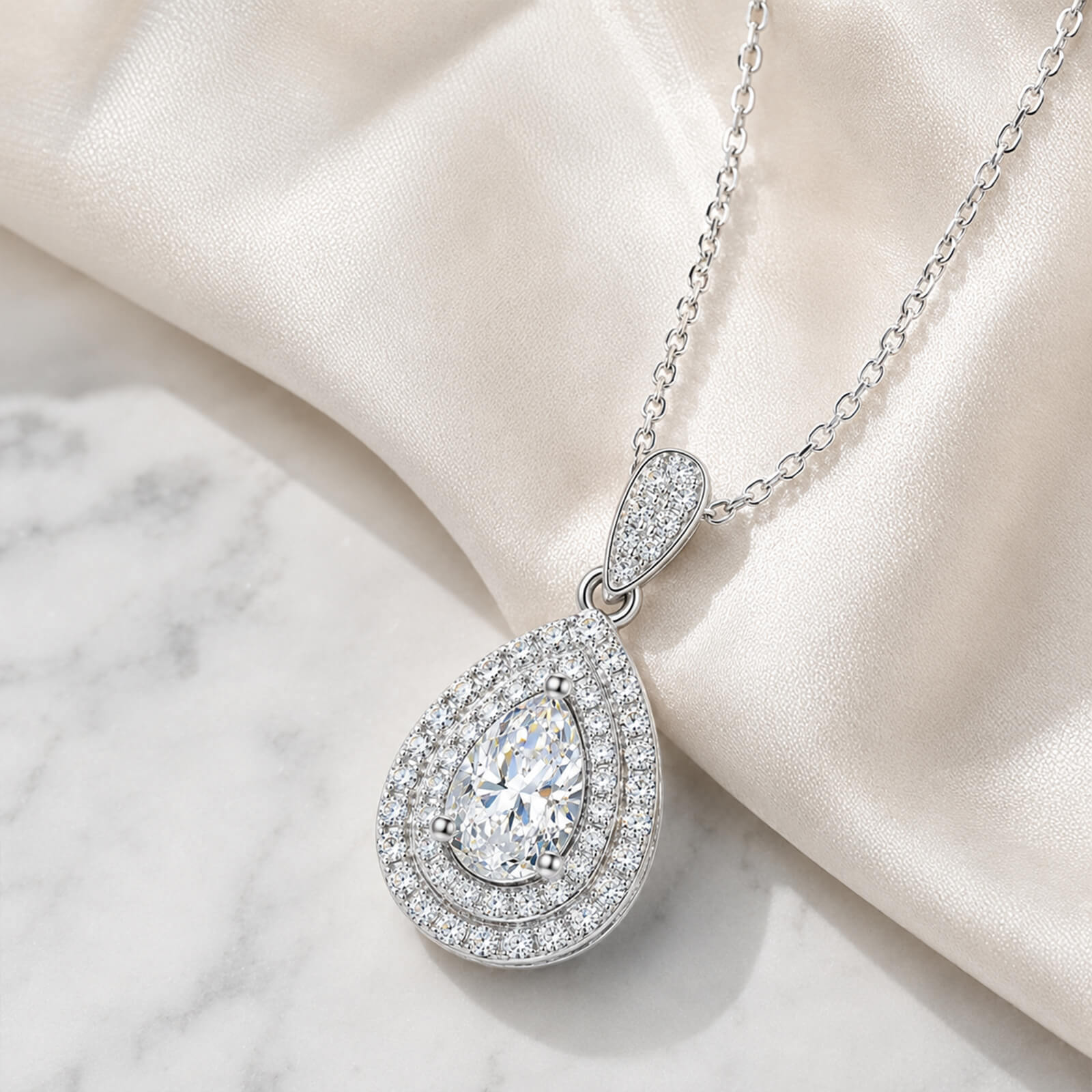 MARDAZA Celeste Pear Cut Moissanite Double Halo Sterling Silver Necklace
