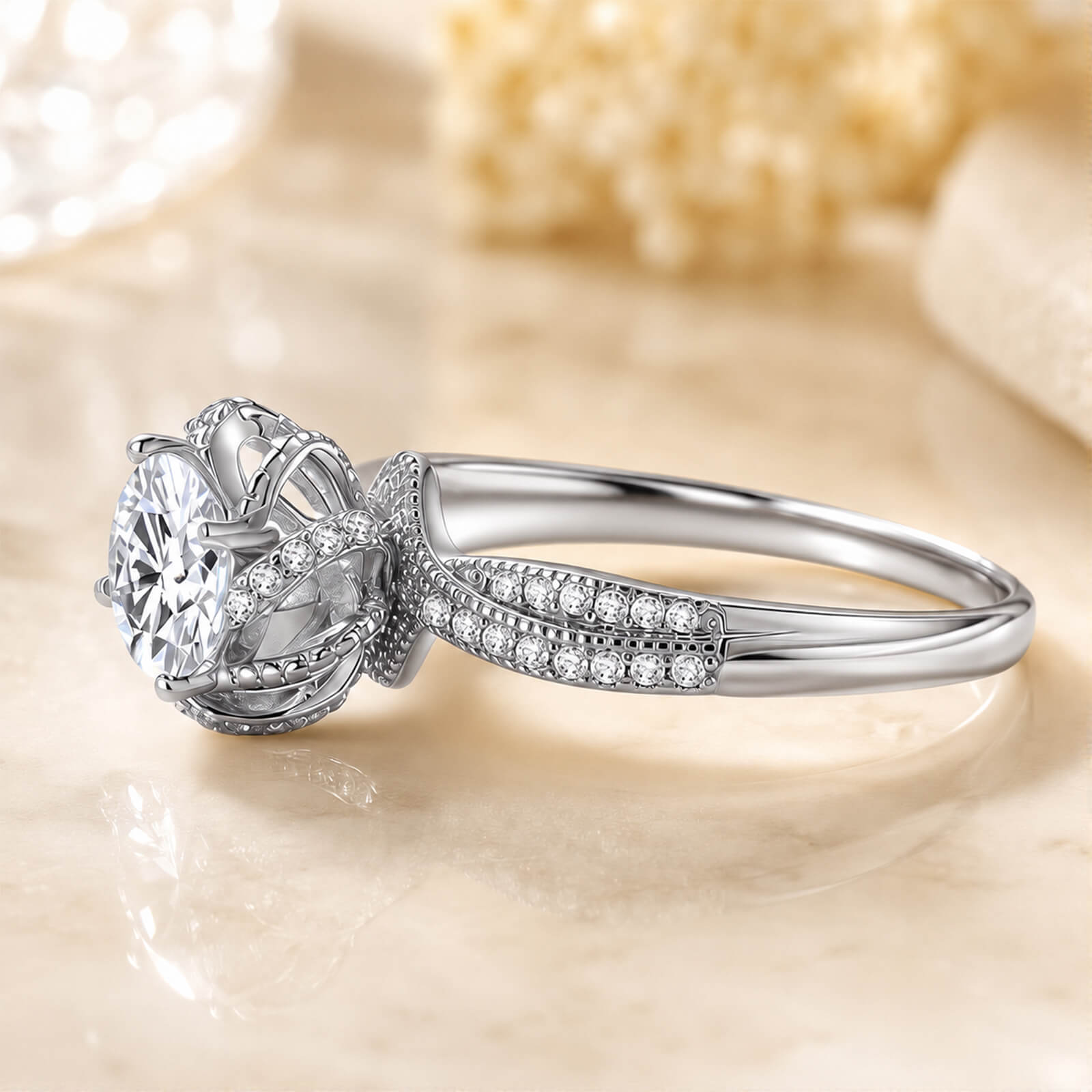 MARDAZA Blooming Rose Round Cut Sterling Silver Moissanite Ring