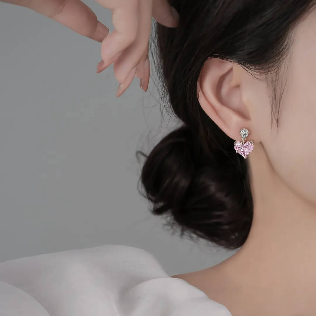 925 Pink Sweet Heart Moissanite Earrings-MARDAZA