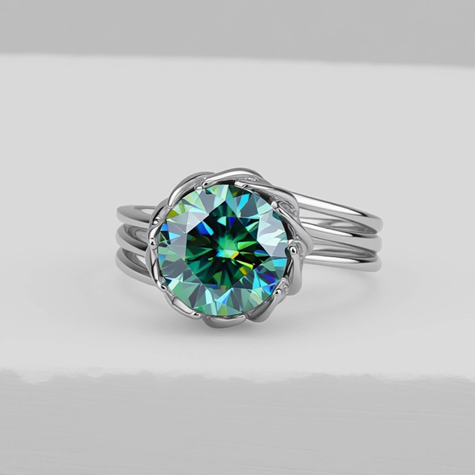 MARDAZA Split Shank Lotus Round Cut Moissanite Sterling Silver Ring