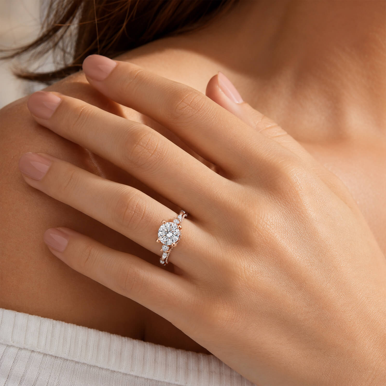 MARDAZA Two-Tone Three-Stone Round Cut Sterling Silver Moissanite Ring